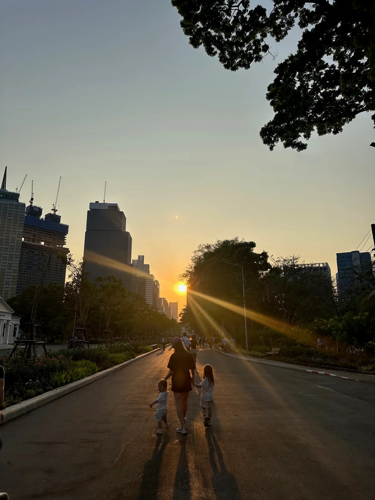 Our family seen from behind walking along a park path in Bangkok at sunset